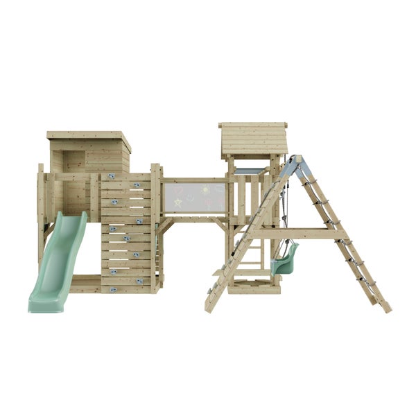 Spielturm mit Rutsche, Kletterwand, Schaukel und Tafel