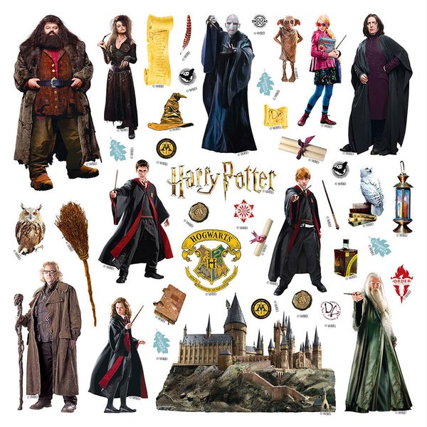 Harry Potter Wandsticker Set mit Charakteren wie Harry, Hermine und Ron, dem Hogwarts Wappen sowie dem Schloss Hogwarts.