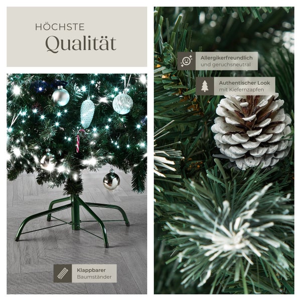 Künstlicher Weihnachtsbaum mit klappbarem Baumständer, allergikerfreundlich, geruchsneutral und mit Kiefernzapfen für einen authentischen Look.