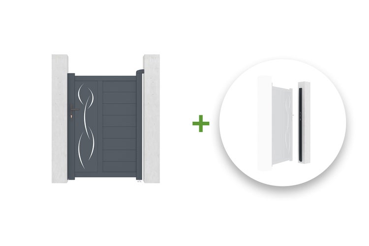Aluminium-Gartentor mit dekorativem Wellenmuster, horizontalen Lamellen, zwei Pfosten und elektrischem Türöffner.