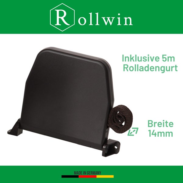 Rollwin Rolladen Gurtwickler Aufputz - aus Deutschland - 155mm Lochabstand Braun Mini Rollladen Aufwickler mit 5m Gurt 14mm Braun genoppt Mini Wickler aufklappbar inklusive Rolladengurt