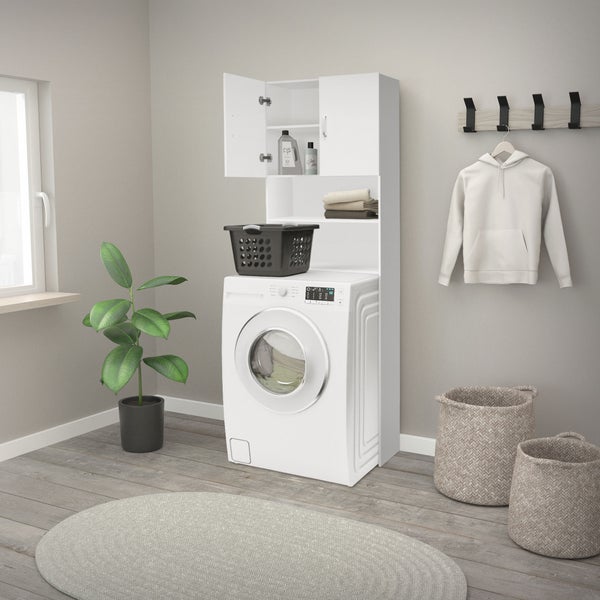 ECD Germany Waschmaschinenschrank 190 x 63 cm mit 2 Türen Weiß Badezimmerschrank für Waschmaschine Trockner - Hochschrank Badmöbel Badregal Badschrank Umbauschrank Überbau Waschmaschinenüberbau