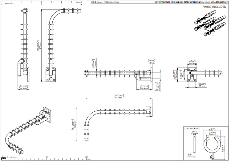 Technische Zeichnung einer hochklappbaren Duschvorhangstange aus Nylon mit Maßen, Wandhalterung, Duschvorhangringen und Befestigungsmaterial.
