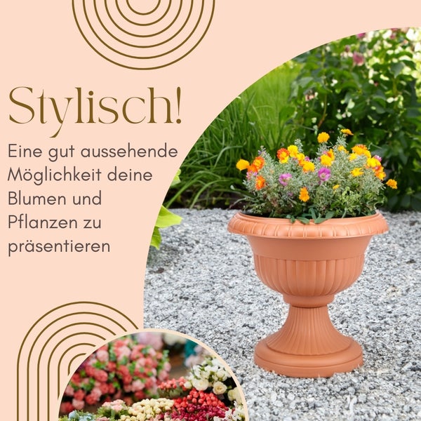 Blumenarrangement in einer dekorativen Pflanzsäule im Garten