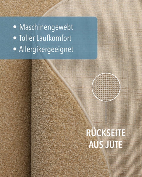 Maschinengewebter Teppich, hoher Laufkomfort, Jute-Rückseite, für Allergiker geeignet.