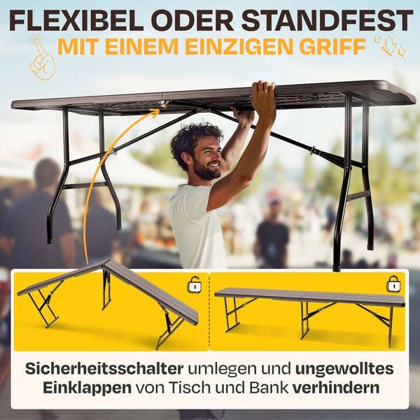 Ein Mann bedient den Klappmechanismus eines Tisches. Illustrationen zeigen die Sicherung einer Klappbank durch einen Sicherheitsschalter.