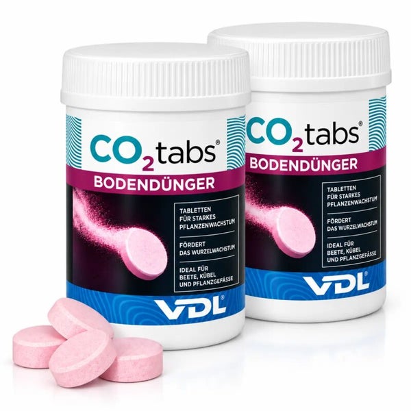 Zwei Dosen Kohlendioxid Bodendünger in Tablettenform von VDL zur Förderung des Pflanzenwachstums für Beete und Pflanzgefäße.