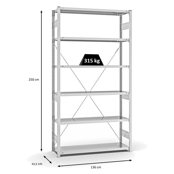 PROREGAL Fachbodenregal Stecksystem T-Profil Heavy-Duty Grundregal HxBxT 250 x 130 x 40 cm 6 Ebenen Fachlast 315 kg Einseitig Nutzbar Lichtgrau