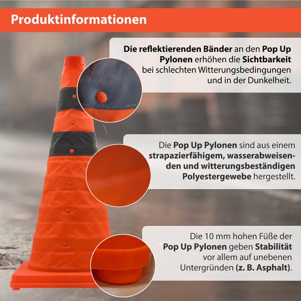 Pop Up Pylone aus strapazierfähigem Polyestergewebe mit reflektierenden Bändern und stabilen Füßen für bessere Sichtbarkeit.