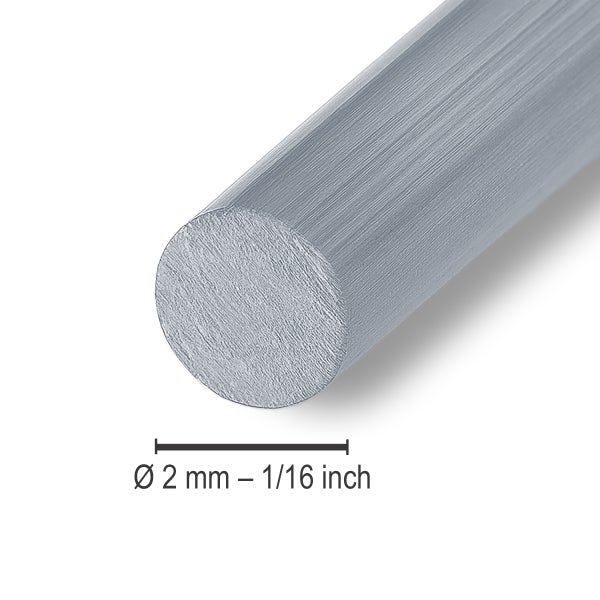 Rundstab aus Aluminium mit einem Durchmesser von 2 Millimeter oder 1/16 Zoll.