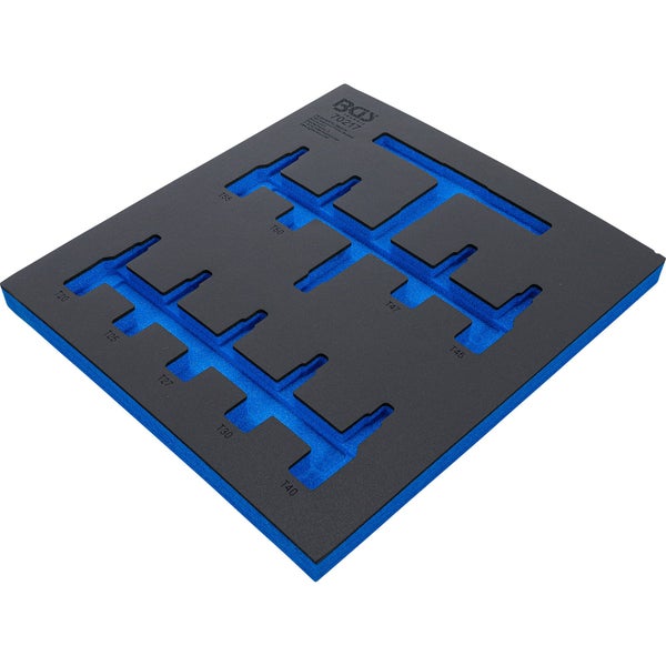 Schaumstoffeinlage für Werkzeugsatz mit BGS technic Logo und beschrifteten Aussparungen für Torx-Bits T20 bis T55.