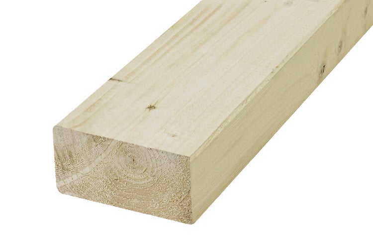 Rechteckiges Konstruktionsholz aus Massivholz mit sichtbarer Maserung und Ästen.