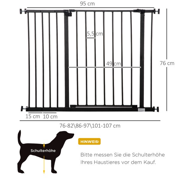 PawHut Türschutzgitter, Treppenschutzgitter ohne Bohren, Hunde Absperrgitter, Schutzgitter für Haustier, Hundegitter, Klemmbefestigung, Stahl, Schwarz, 76-107 x 76 cm