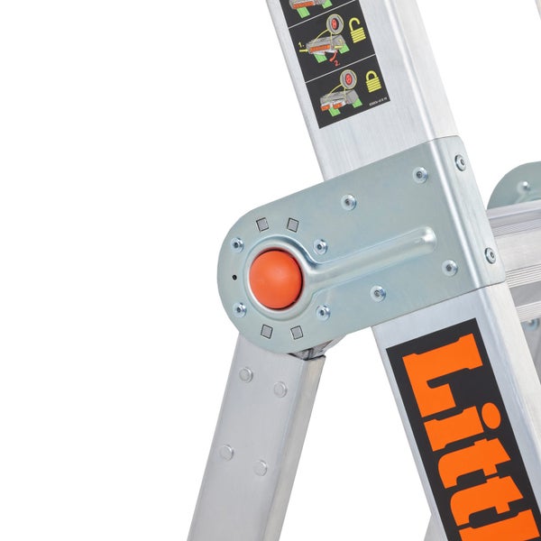 Detail einer Aluminium-Mehrzweckleiter mit orangefarbenem Verstellknopf