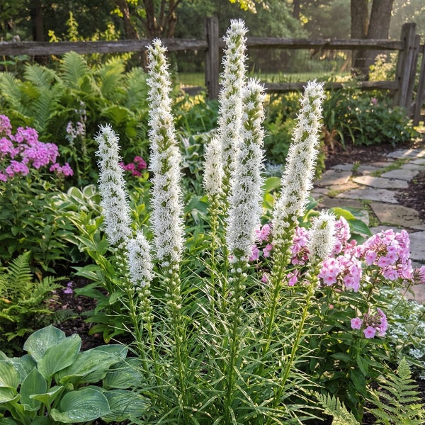 Weiße Prachtscharten in einem hellen Garten mit rosa Phlox, grünen Farnen und Funkien, im Hintergrund ein Holzzaun und ein Steinpfad.