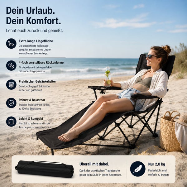 Frau entspannt in einem klappbaren Campingstuhl mit Fußablage und Getränkehalter am Strand, mit Produktvorteilen wie verstellbarer Rückenlehne.