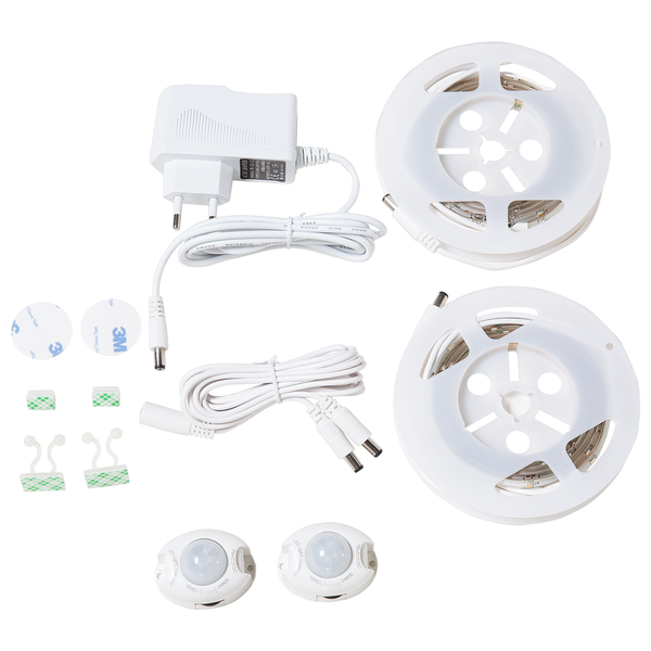 LED-Bettbeleuchtungs-Set mit zwei Bewegungssensoren und LED-Streifen, warmweiß, 3000 Kelvin, zur Montage unter dem Bett.