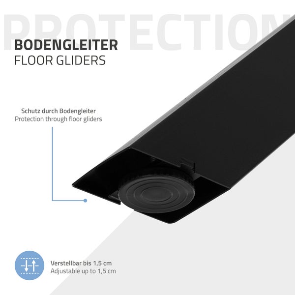 Bodengleiter unter einem Möbelbein zur Bodenschonung, höhenverstellbar um bis zu 1,5 Zentimeter.