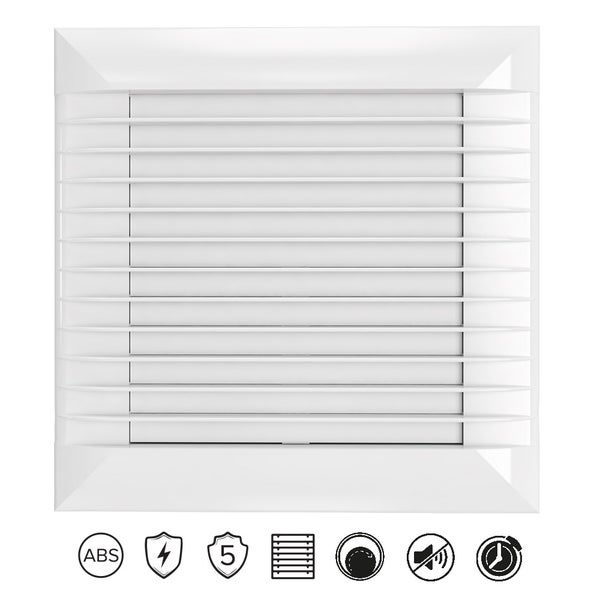 Ventilator mit Rückschlagklappe und verschiedenen Symbolen für Material, Schutz und Funktionen