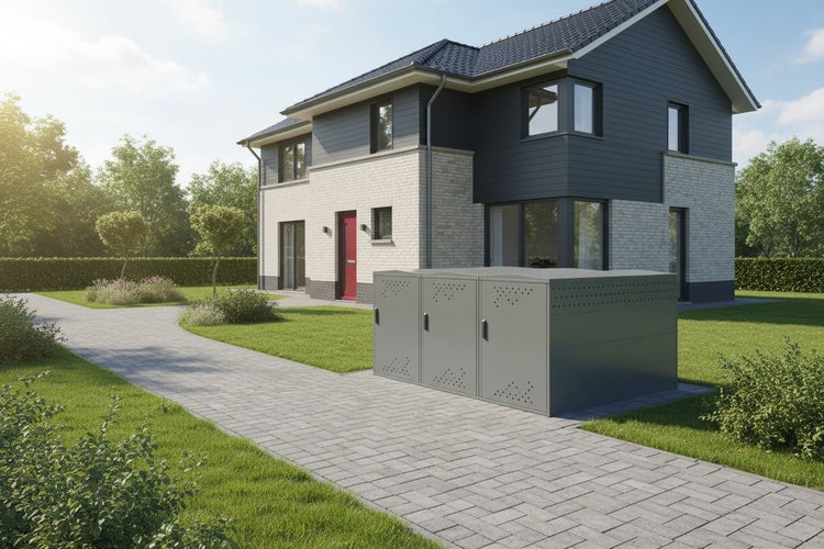 Fahrradbox vor einem Wohnhaus mit Garten