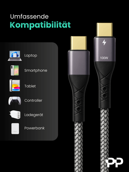 ProfiPatch USB C Kabel 100W PD 3.0 5A E-Mark Chip 2m grau Goldkontakt Textil
