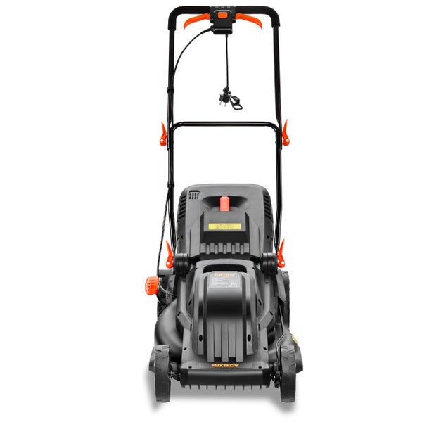 Elektro-Rasenmäher FUXTEC in Grau und Orange, Ansicht von oben.