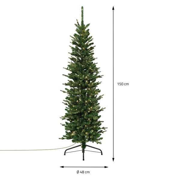Schmaler künstlicher Weihnachtsbaum mit LED Beleuchtung, Höhe 150 Zentimeter, Durchmesser 48 Zentimeter, inklusive Ständer.