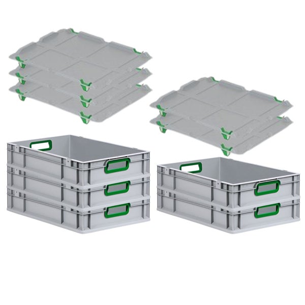 PROREGAL Spar Set 5x Eurobox Nextgen Color Mit Auflagedeckel & Schiebeschnappverschlüsse HxBxT 12 x 40 x 60 cm Griffe Grün Offen Glatter Boden