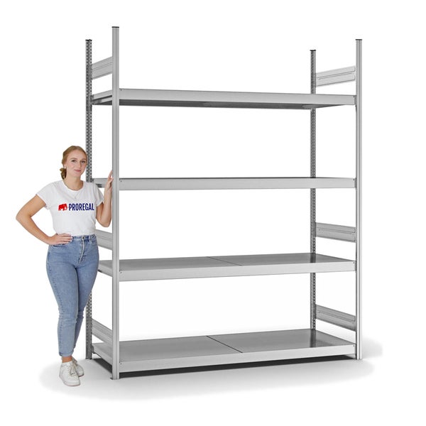 PROREGAL Weitspannregal Stecksystem T-Profil Grundregal HxBxT 250x200x60 cm 4 Ebenen Stahlplatten Fachboden Fachlast 350 kg Verzinkt