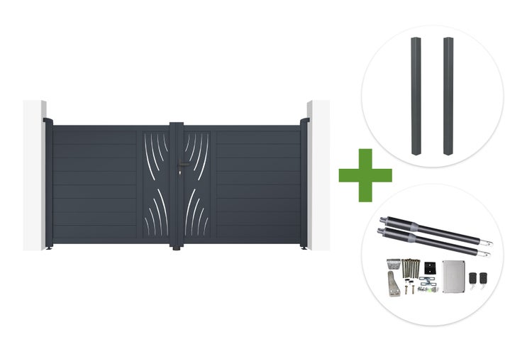 Elektrisches Doppelflügeltor aus Aluminium mit Antrieb, zwei Pfosten und Montageset.