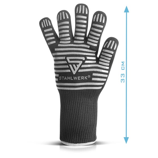 Hitzebeständiger Grillhandschuh von Stahlwerk mit Silikonstreifen für Griffsicherheit und einer Länge von 33 Zentimetern.