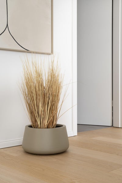 Moderner, niedriger Pflanztopf mit dekorativem Trockengras in einem hellen, minimalistischen Raum mit Holzboden.