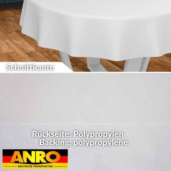 Weiße Tischdecke mit strukturierter Oberfläche, Polypropylen-Rückseite, Schnittkante, ANRO Logo und Symbol Deutsche Manufaktur.