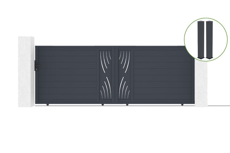 Schiebetor 4m VELETA H.140cm graues Aluminium + 2 Pfosten 20x20cm H.166cm
