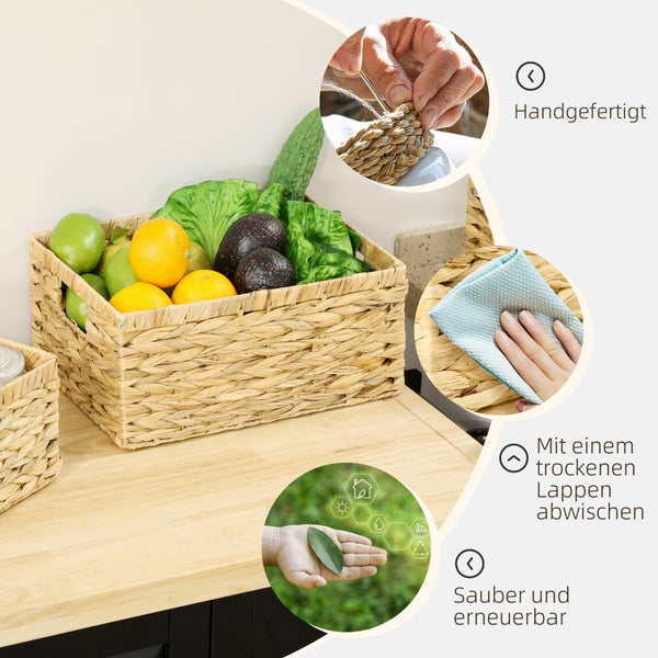 HOMCOM 3er-Set Aufbewahrungskorb, geflochtener Körbe aus Wasserhyazinthe, zum Aufbewahrung und Organisieren, für Wohnzimmer, Küche, Schlafzimmer, Naturholz