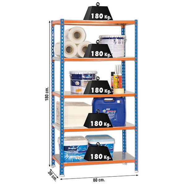PROREGAL Schwerlastregal Metal Shark HxBxT 180 x 80 x 30 cm Fachlast 180 kg Blau-Orange