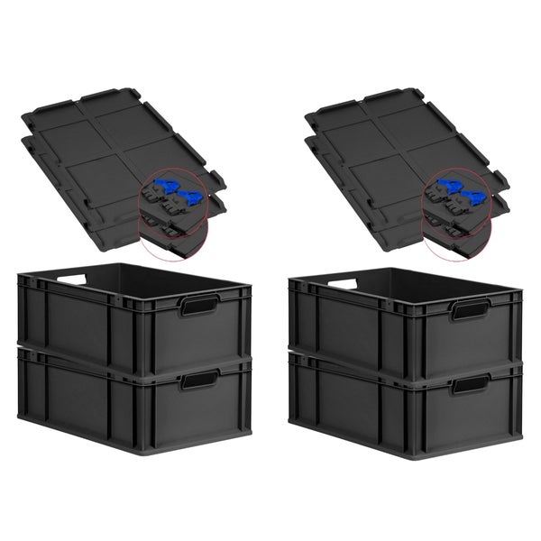 PROREGAL SuperSparSet 4x Eurobox NextGen Grip mit Scharnierdeckel und blauen Schiebeschnappverschlüssen, HxBxT 22x40x60cm, 44 Liter, Schwarz, Griffe offen, Verstärkter Boden, Eurobehälter, Transportbox, Transportbehälter, Stapelbehälter