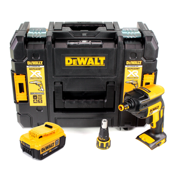 DeWALT bürstenloses Akku-Trockenbauschrauber-Set, 18 Volt, 4 Amperestunden Lithium-Ionen Akku, Aufsatz und TSTAK-Transportkoffer.