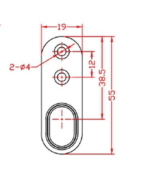 Technische Zeichnung eines ovalen Montageelements mit zwei Bohrungen und Maßangaben in Millimetern.