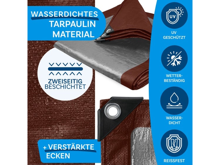 FLOORDIREKT Abdeckplane - Wasserdichte Plane - mit Ösen - Schutzplane - 140 g/m² - 1,5 x 6 m - Braun-Silber