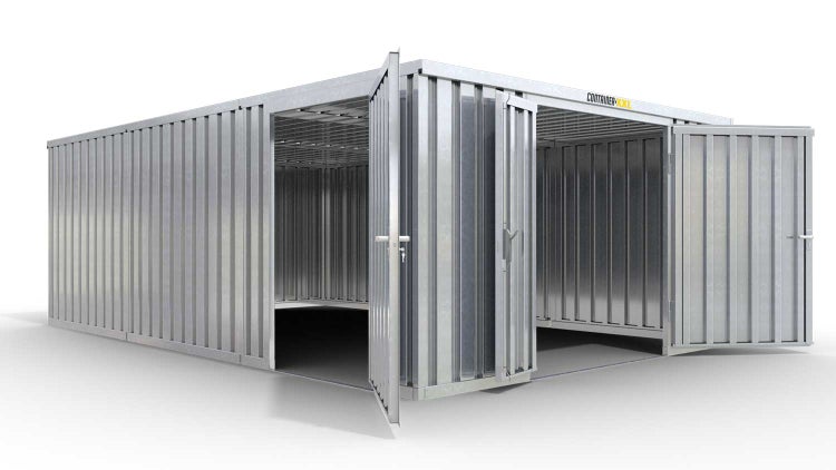 Lagercontainer Gerätehaus M3  – 18 qm, H2115 x B3050 x T6520 mm, verzinkt, ohne Fußboden, 1830 mm Doppelflügeltür mittig in Stirnseite und 1270 mm Einflügeltür mittig in Modul C, zerlegt