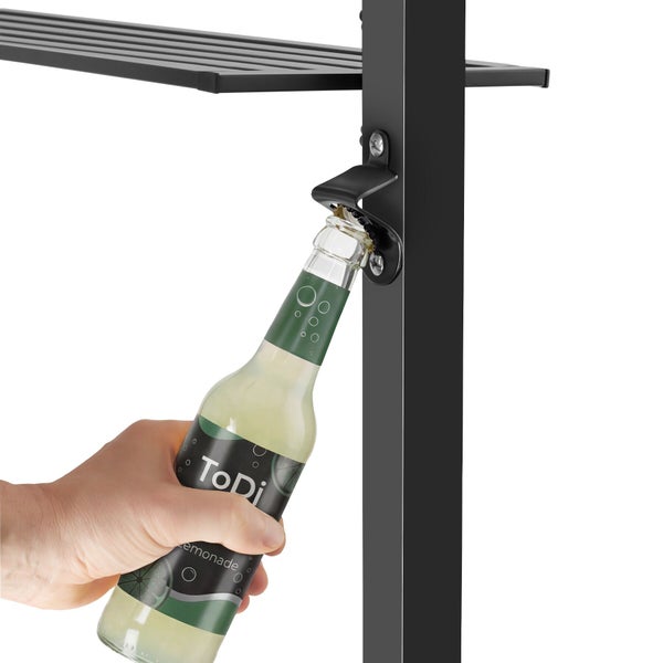 Nahaufnahme eines höhenverstellbaren Rahmens mit schwarzem Stoffbezug und Druckknopfmechanismus.