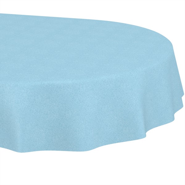 Hellblaue Tischdecke aus gewebtem Stoff, rund oder oval.