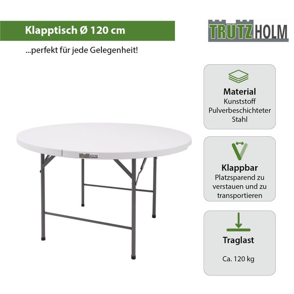 Runder Klapptisch von Trutzholm mit 120 Zentimeter Durchmesser, Tischplatte aus Kunststoff und pulverbeschichtetem Stahlgestell, belastbar bis 120 kg.