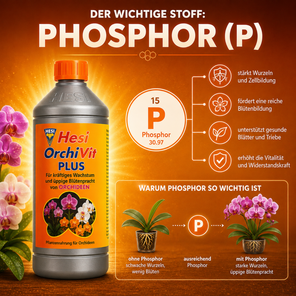 Hesi OrchiVit PLUS Pflanzennahrung für Orchideen in einer Flasche mit Infografik zur Bedeutung von Phosphor für Wurzeln und Blüten.