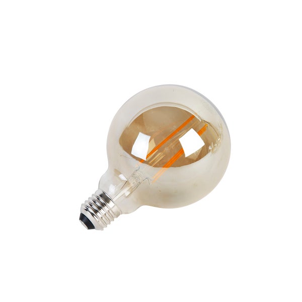 LED-Filament-Leuchtmittel in Globeform mit E27-Sockel und bernsteinfarbenem Glas.