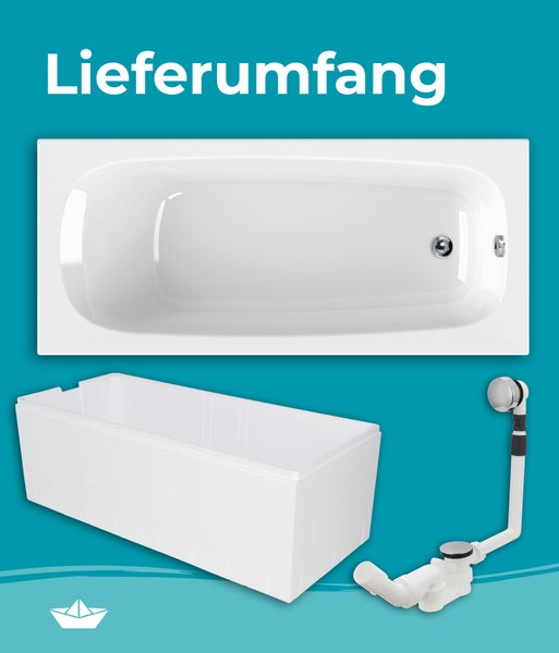 Calmwaters® Premium Badewanne Komplettset 170x75 cm Original, Made in EU, 3in1 Acryl-Badewanne mit Wannenträger & Ablaufgarnitur, Körperformbadewanne, Rechteckbadewanne 170 x 75, 200 l, Weiß, 99000088
