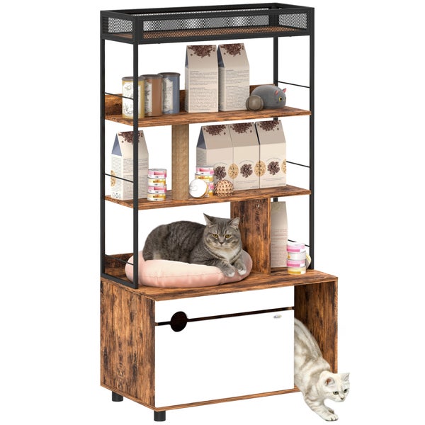 PawHut 2-in-1 Katzenklo Schrank, Katzenklo mit 3-Ebenen-Regal, Kratzpfosten, Klapptür, Katzenhaus für Katze unter 6 kg, 80 x 48 x 152 cm, Rustikal-Braun