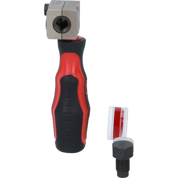 Hand-Bördelgerät für Bremsleitungen mit rot-schwarzem Griff, inklusive Druckstück 4,75 Millimeter und Montagefett.