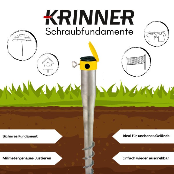 Krinner Schraubfundament aus Metall im Boden mit Anwendungsbeispielen wie Sonnenschirm und Wäscheleine sowie Krinner Logo.
